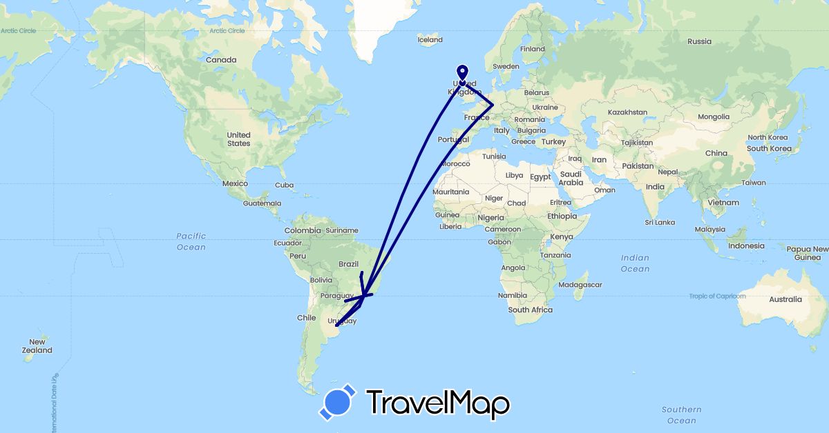 TravelMap itinerary: driving in Argentina, Brazil, Germany, United Kingdom, Uruguay (Europe, South America)